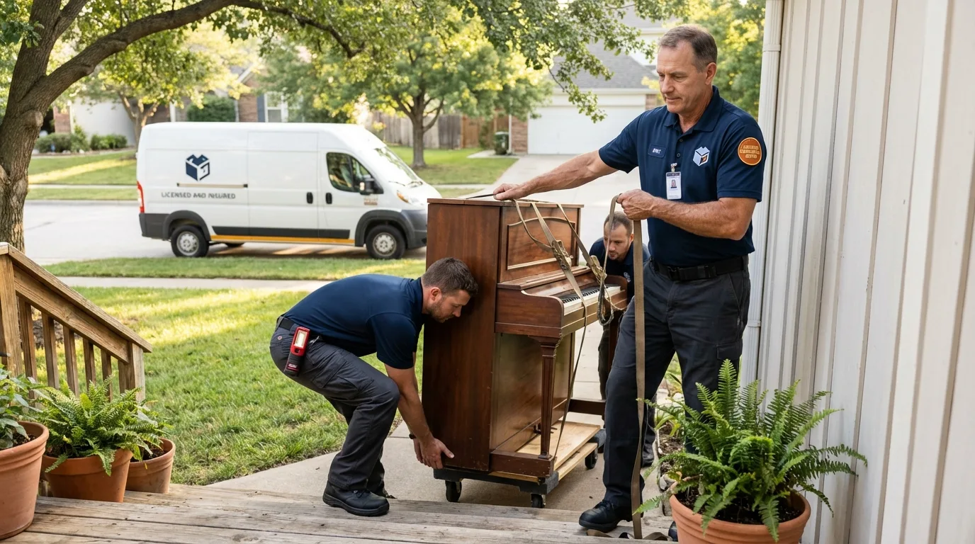 Licensed piano movers securing grand piano in Wilton, CA