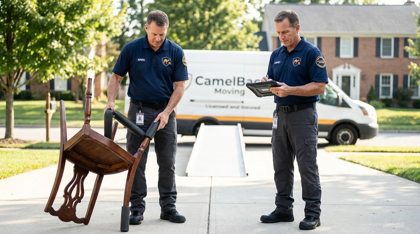 Movers inspecting furniture for damage prevention before loading in Wilton, CA